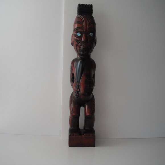 Vintage New Zealand Maori 19" Hand Carved Wood Teko Tiki Totem Statue Shell Eyes - Picture 2 of 8